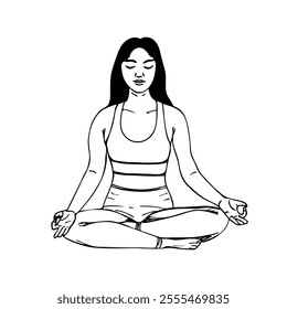 Silhouette of a female human body sitting in a lotus position. Meditating body silhouette illustration isolated on white background