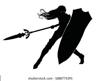 Silhouette of a female knight with a huge tower shield and a long beautiful spear in a dynamic action pose, she has long hair, she is in plate armor, her eyes glow in the dark. 2d illustration
