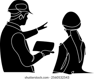 Silhouette of Female Manager and Male Engineer Using Tablet Computer Discussing work issues in the field