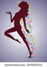 Silhouette Female Model with Colorful Music Notes on Grey Background.