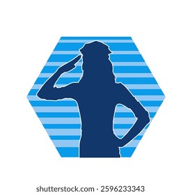 Silhouette of a female model in police officer or cop costume in saluting pose