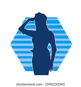 Silhouette of a female model in police officer or cop costume in saluting pose