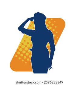 Silhouette of a female model in police officer or cop costume in saluting pose