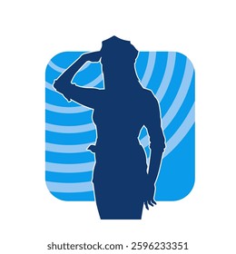 Silhouette of a female model in police officer or cop costume in saluting pose