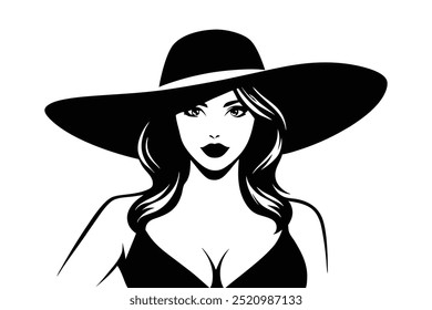 Silhouette of a Female Model Posing with Wide-Brimmed Hat, Fashion Silhouette, Elegant Woman in Hat