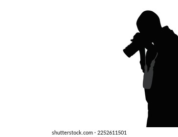 silhouette of a female photographer hiking and isolated on a white color background for composites. holding a camera and posing as a journalist or a hobbyist

