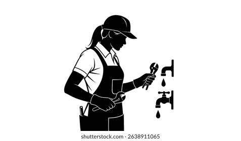 Silhouette: Female Plumber Inspecting Leaking Faucet
