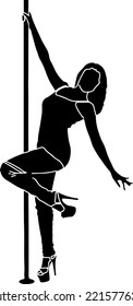 Silhouette Of A Female Pole Dancer, Pole Dancing Is An Illustration For Fitness, Striptease Dancers, And Exotic Dance. Vector Illustration, Sketch Drawing Of A Pole Woman