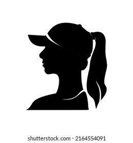 Silhouette of female with ponytail in a baseball cap. Black silhouette of woman in a white background.
