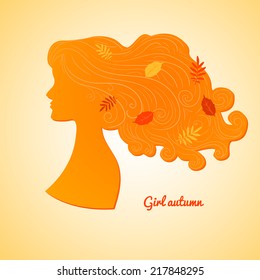 Silhouette of female profile with leaves in her hair, girl autumn, vector illustration in minimalist style