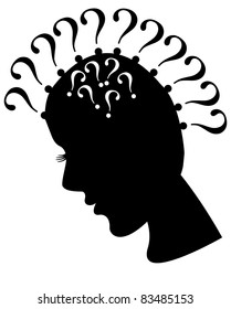 Silhouette female in profile with questions on the head