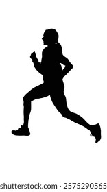 A silhouette of a female runner mid-stride, wearing athletic clothing and sneakers, against a plain white background