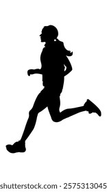 A silhouette of a female runner mid-stride, wearing athletic clothing and sneakers, against a plain white background