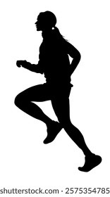 A silhouette of a female runner mid-stride, wearing athletic clothing and sneakers, against a plain white background