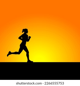 Silhouette of a female runner running against a crepuscular light for the concept of healthy living. Vector illustration.