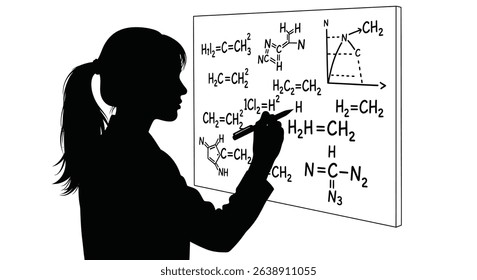 Silhouette: Female Scientist Writing Formulas on Transparent Board