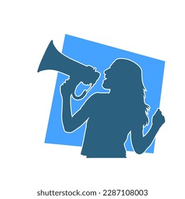 Silhouette of a female shouting announcement on a bullhorn megaphone loudspeaker. Silhouette of a woman public speaking concept.