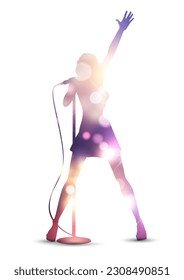 Silhouette of a female singer with a bokeh lights design 