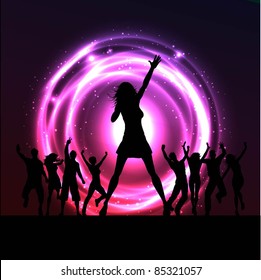 Silhouette of a female singer with people dancing behind her