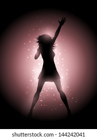 Silhouette of a female singer performing on a glowing lights background