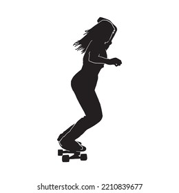 silhouette of Female skater practicing skateboarding. Women doing Ollie on skateboard. Woman riding a skateboard on white