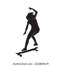 silhouette of Female skater practicing skateboarding. Women doing Ollie on skateboard. Woman riding a skateboard on white