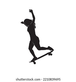 silhouette of Female skater practicing skateboarding. Women doing Ollie on skateboard. Woman riding a skateboard on white