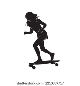 silhouette of Female skater practicing skateboarding. Women doing Ollie on skateboard. Woman riding a skateboard on white