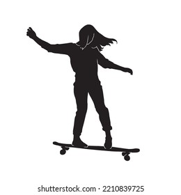 silhouette of Female skater practicing skateboarding. Women doing Ollie on skateboard. Woman riding a skateboard on white