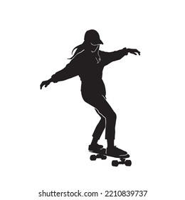 silhouette of Female skater practicing skateboarding. Women doing Ollie on skateboard. Woman riding a skateboard on white