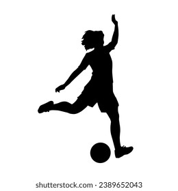 Silhouette of a female soccer player in action pose. Silhouette of a woman playing football sport.