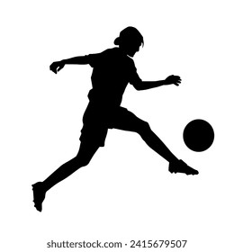 Silhouette of a female soccer player kicking a ball. Silhouette of a football player woman in action pose.