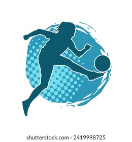 Silhouette of a female soccer player kicking a ball. Silhouette of a football player woman in action pose.