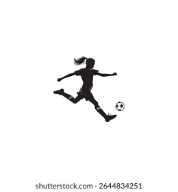 Silhueta do jogador de futebol feminino chutando bola com movimento dinâmico no branco