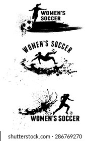 Silhouette of female soccer players on splash stains background