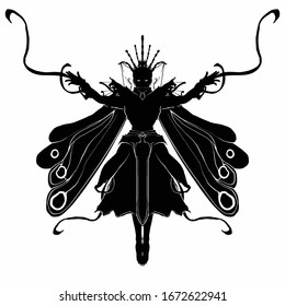 The silhouette of a female sorceress with butterfly wings hovers in the air, arms outstretched . She is dressed in an elegant suit and crown . 2D illustration