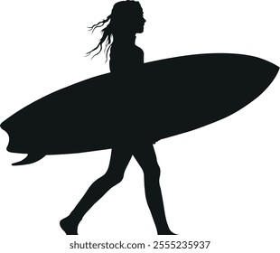 Silhouette of a female surfer confidently walking while holding a surfboard. Ideal for surf-themed graphics, coastal designs, and water sports illustrations.