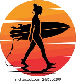 Silhouette of a female surfer walking with a surfboard against a vibrant orange and red sunset on the beach.