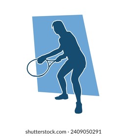 Silhouette of a female tennis player in action pose. Silhouette of a woman playing tennis sport with racket.