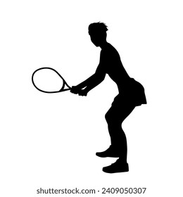 Silhouette of a female tennis player in action pose. Silhouette of a woman playing tennis sport with racket.