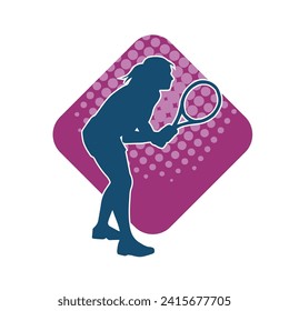 Silhouette of a female tennis player in action pose. Silhouette of a woman playing tennis sport with racket.