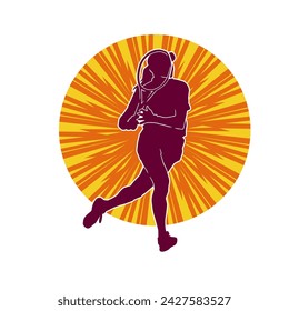 Silhouette of a female tennis player in action pose. Silhouette of a woman playing tennis sport with racket.