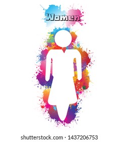 Silhouette of Female toilet sign, Bathroom, Colorful paint, drops, ink splashes, Logo, Icon,  Vector illustration, Background.