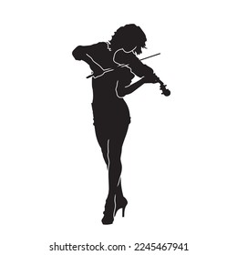 Silueta de violinista femenina aislada sobre un fondo blanco. Ilustración vectorial.