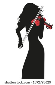 Silhouette of female violinist playing a red violin isolated on white background