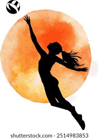 Silhouette of a female volleyball player jumping to spike the ball against a Vibrant Orange Background.