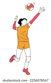 Silhouette of female volleyball player serving ball in a jump over white background. Vector illustration. Concept of sport, team game, success, competition, action, motion. Art