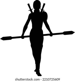 silhouette female warrior holding sword and spear in both hands