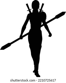 silhouette female warrior holding sword and spear in both hands