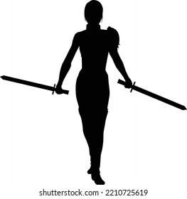 silhouette female warrior holding sword and spear in both hands